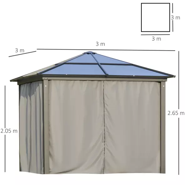 Outsunny 3 x 3(m) Hardtop Gazebo Canopy with Polycarbonate Roof, Aluminium Frame, Permanent Pavilion Garden Gazebo with Netting and Curtains for Patio, Deck, Dark Grey - 3