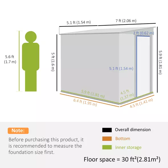 Outsunny 7 x 5ft Galvanised Metal Shed, with Sliding Door - Green - 3