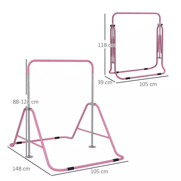 HOMCOM Kids Gymnastic Bar, with Adjustable Height, Foldable Horizontal Bars - Pink - 3