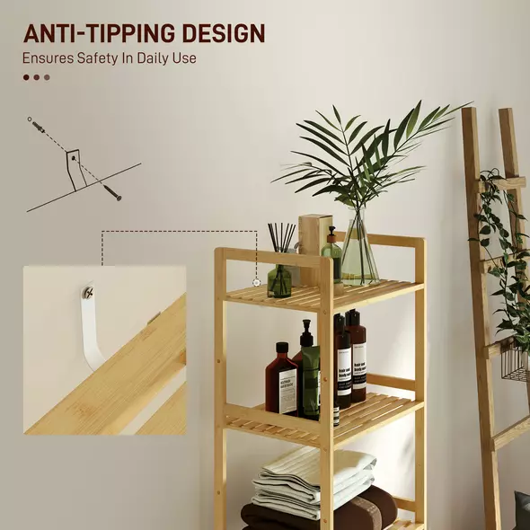 HOMCOM 5-Tier Bamboo Bathroom Storage Shelf, Freestanding Shelving Unit with Adjustable Rack for Kitchen Bathroom Living Room, Natural Wood Finish - 6