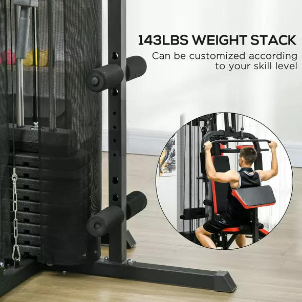 SPORTNOW Multi Gym Workout Station, Weight Machine with 65kg Weight Stack, Sit Up Bench, Push Up Stand, Dip Station - 6