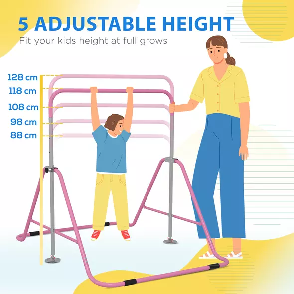 HOMCOM Kids Gymnastic Bar, with Adjustable Height, Foldable Horizontal Bars - Pink - 4