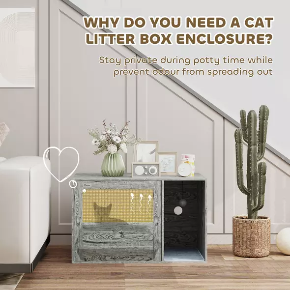 PawHut Cat Litter Box Enclosure with Rattan Door, Scratching Mat, Toy Ball, Non-Slip Foot Pads, Grey - 5