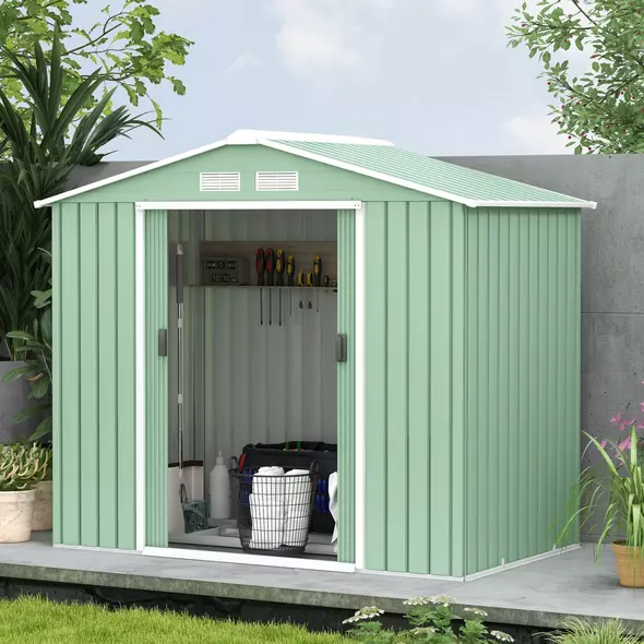 Outsunny 7 x 4ft Metal Garden Shed, Outdoor Storage Tool House with Ventilation Slots, Foundation Kit and Lockable Double Doors, Light Green - 9