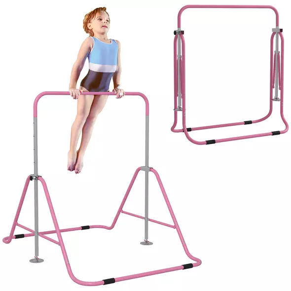 HOMCOM Kids Gymnastic Bar, with Adjustable Height, Foldable Horizontal Bars - Pink - 1