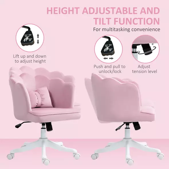HOMCOM Velvet-Feel Petal Back Office Chair - Pink - 6