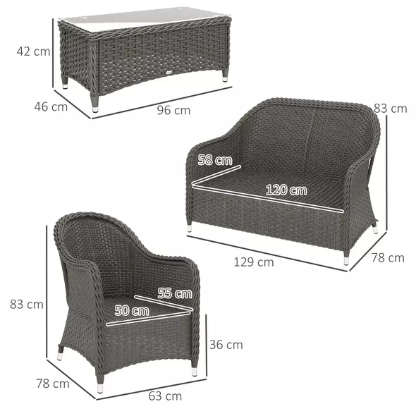 Outsunny Four-Piece Rattan Sofa Set, with Glass-Top Table - Light Grey - 3