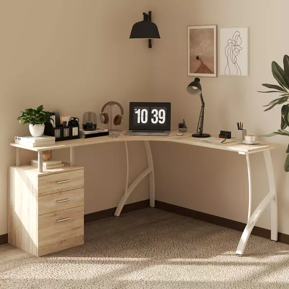 HOMCOM L-Shaped Computer Desk Table with Storage Drawer, Home Office Desk Corner Industrial Style Workstation for A4 Files 143.5 x 143.5 x 76cm, Oak - 2