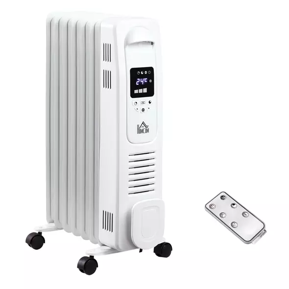 HOMCOM 1500W Digital Oil Filled Radiator, 7 Fin, Portable Electric Heater with LED Display, 24-Hour Timer, 3 Heat Settings, Safety Cut-Off and Remote Control, White - 1