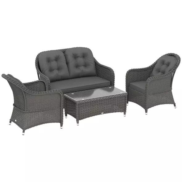 Outsunny Four-Piece Rattan Sofa Set, with Glass-Top Table - Light Grey - 1