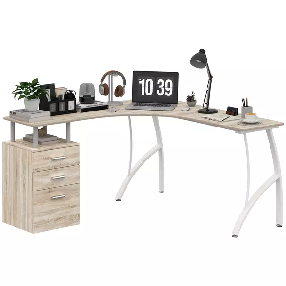 HOMCOM L-Shaped Computer Desk Table with Storage Drawer, Home Office Desk Corner Industrial Style Workstation for A4 Files 143.5 x 143.5 x 76cm, Oak - 1