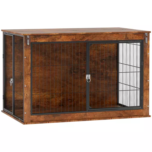 PawHut 46.46'' Dog Crate Furniture with Openable Top, Two Lockable Doors, for Extra Large Dogs, Rustic Brown - 1
