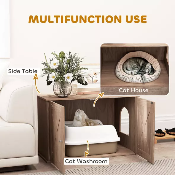 PawHut Cat Litter Box Enclosure with Double Doors and Side Entrance, Non-Slip Pads for Living Room, Walnut Brown - 4