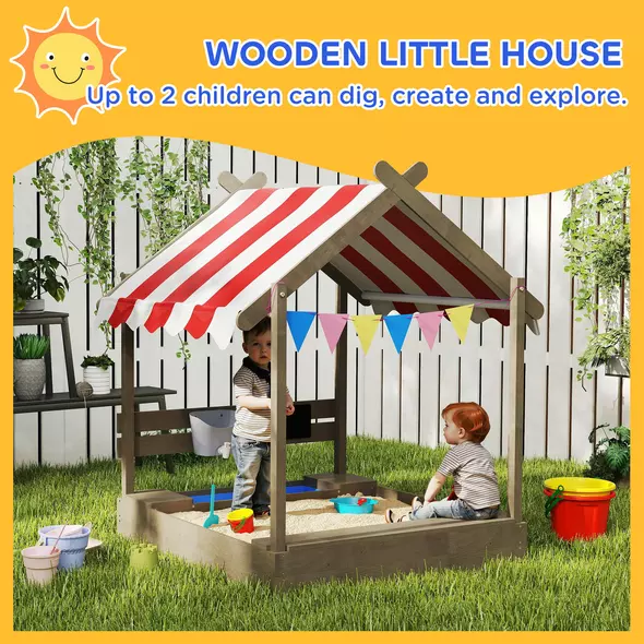 Outsunny House-Designed Wooden Sandbox, Outdoor Sandpit, with Blackboard, Toys, Sink, Seats, Flags, for Ages 3-7 Years - Grey - 4