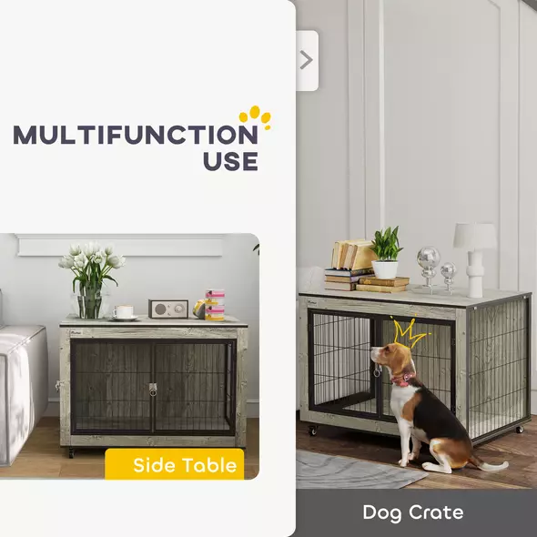 PawHut Dog Crate Furniture with Wheels, Double Doors, for Medium Dogs, Grey - 4
