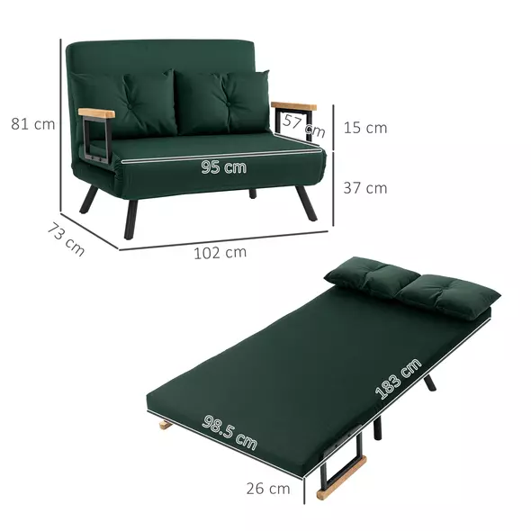 HOMCOM 4-in-1 Velvet-Feel Double Sofa Bed, with Pillows - Green - 3