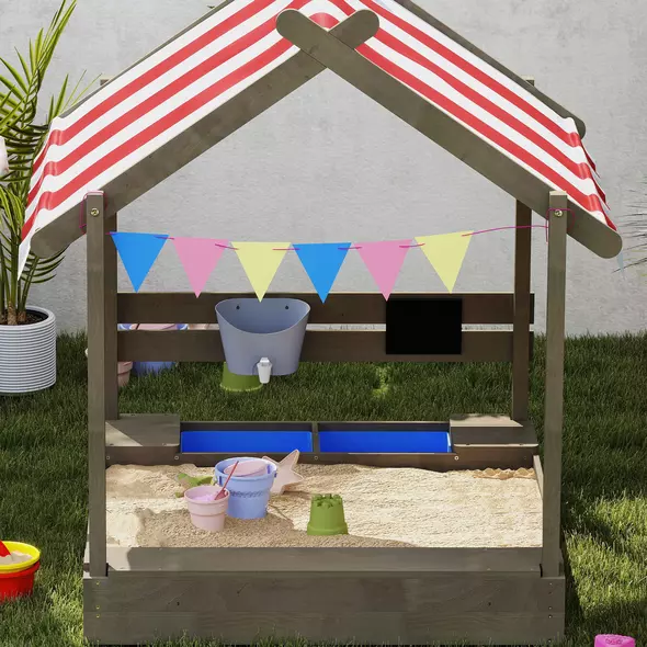 Outsunny House-Designed Wooden Sandbox, Outdoor Sandpit, with Blackboard, Toys, Sink, Seats, Flags, for Ages 3-7 Years - Grey - 8