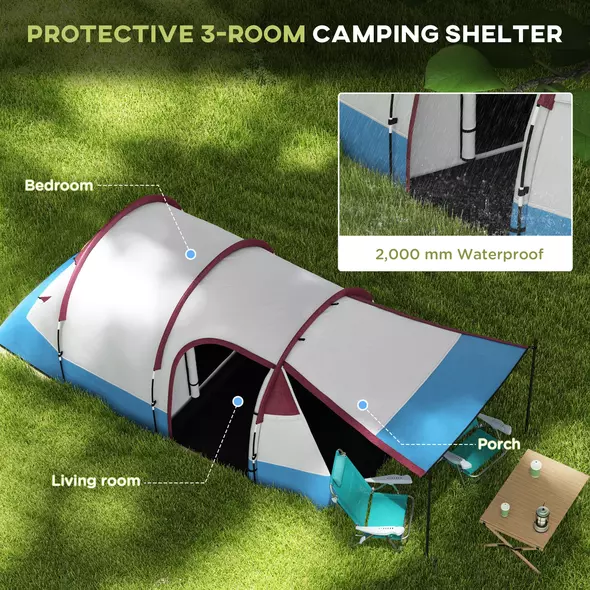 Outsunny Camping Tent, Large Tunnel Tent with Bedroom and Living Area, 2000mm Waterproof, Portable with Bag for 2-3 Man, Red - 4