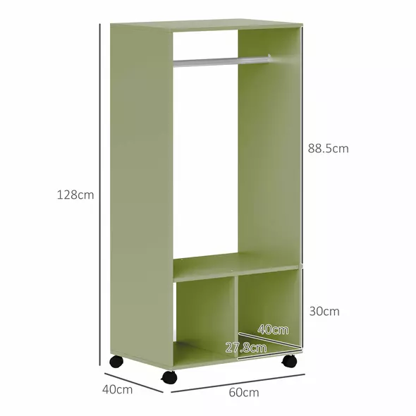 HOMCOM Open Wardrobe on Wheels, Bedroom Wardrobe with Clothes Hanging Rail, 2 Storage Shelves, Mobile Garment Rack for Cloakroom, Hallway, Green - 3
