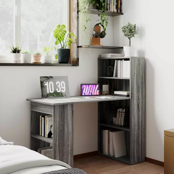 HOMCOM 120cm Computer Desk, Wooden PC Laptop Table with 6-Tier Storage Bookshelves, Home Office Working Study Desk, Writing Workstation, Grey - 2