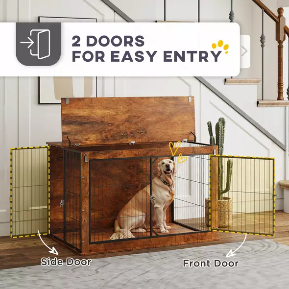 PawHut 46.46'' Dog Crate Furniture with Openable Top, Two Lockable Doors, for Extra Large Dogs, Rustic Brown - 6