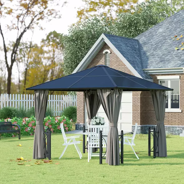 Outsunny 3 x 3(m) Hardtop Gazebo Canopy with Polycarbonate Roof, Steel & Aluminium Frame, Garden Pavilion with Mosquito Netting and Curtains, Black - 2