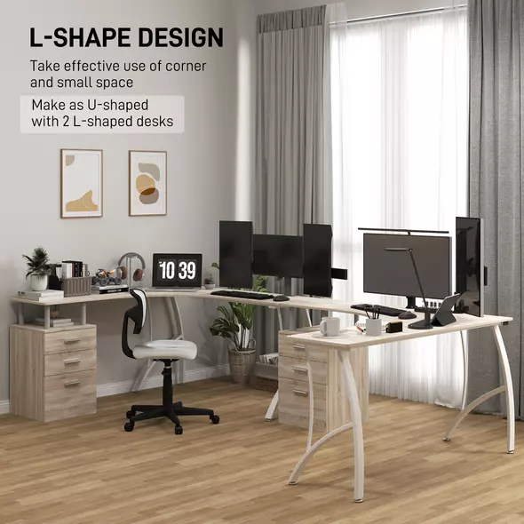 HOMCOM L-Shaped Computer Desk Table with Storage Drawer, Home Office Desk Corner Industrial Style Workstation for A4 Files 143.5 x 143.5 x 76cm, Oak - 5