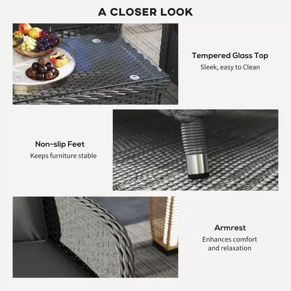 Outsunny Four-Piece Rattan Sofa Set, with Glass-Top Table - Light Grey - 6