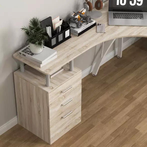 HOMCOM L-Shaped Computer Desk Table with Storage Drawer, Home Office Desk Corner Industrial Style Workstation for A4 Files 143.5 x 143.5 x 76cm, Oak - 8