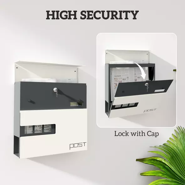 HOMCOM Locking Galvanised Steel Letterbox - White/Black - 5