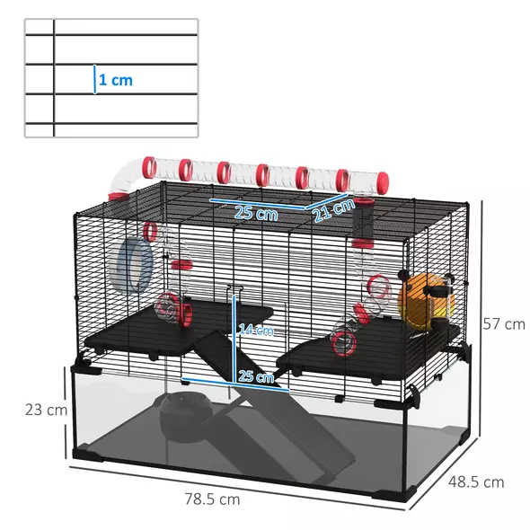 PawHut Gerbil Cage, Dwarf Hamster Cage, with Deep Glass Bottom, Tunnels, Ramps, Hut, Exercise Wheel, 78.5 x 48.5 x 57cm - 3