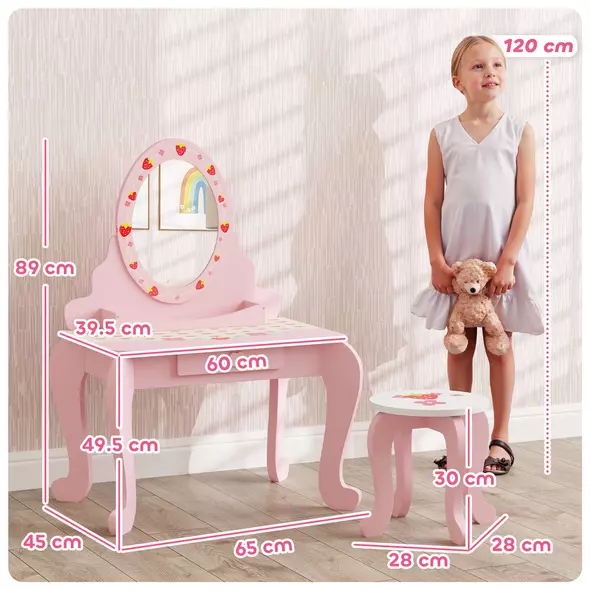 AIYAPLAY Kids Dressing Table Set, Vanity Table with Stool, Mirror, Drawer, Desktop, Storage, Strawberry-Theme, Pink - 3