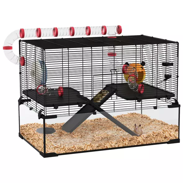 PawHut Gerbil Cage, Dwarf Hamster Cage, with Deep Glass Bottom, Tunnels, Ramps, Hut, Exercise Wheel, 78.5 x 48.5 x 57cm - 1
