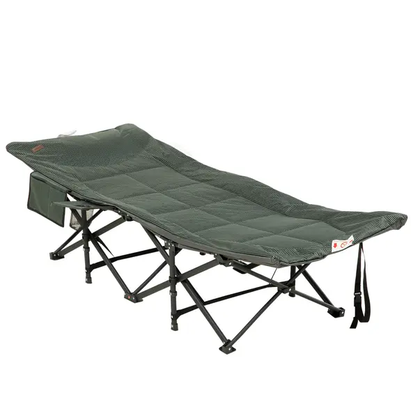 Outsunny Foldable Camp Bed, Padded Patio Camping Bed with Carry Bag, Magazine Bag and Cup Holder for Outdoor, Garden, Grey - 1
