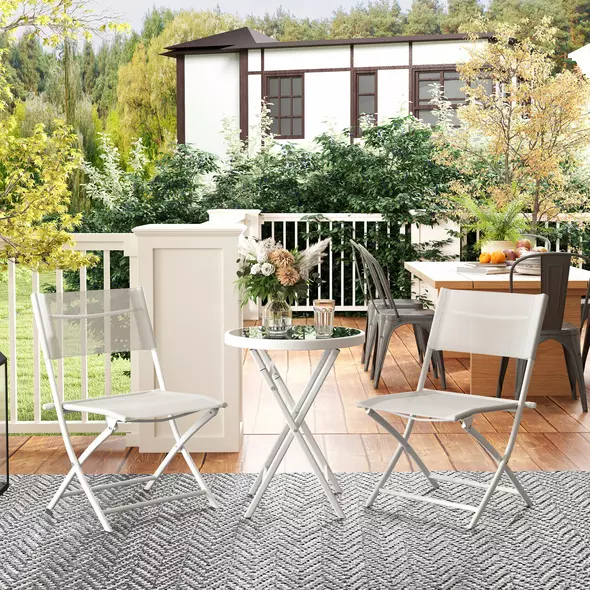 Outsunny 3 Pieces Outdoor Bistro Set, Glass Top Outdoor Table and 2 Folding Chairs with Protecting Feet, White - 2