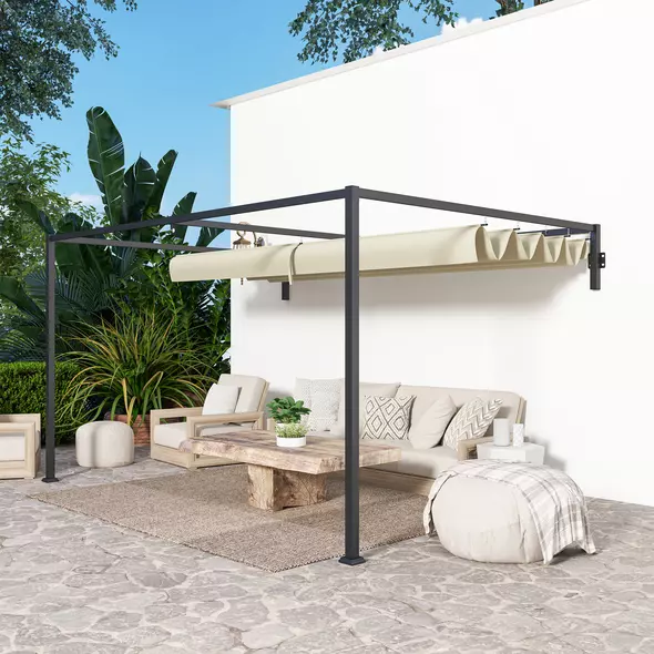 Outsunny 3 x 4m Steel Pergola, with Retractable Canopy - Khaki - 8