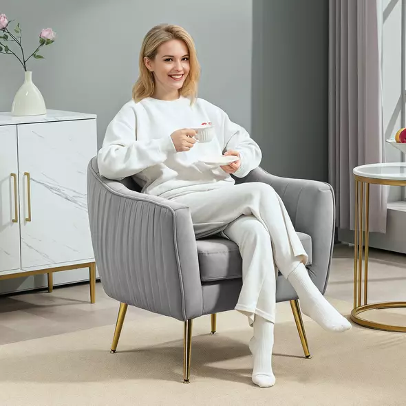 HOMCOM Velvet-Feel Shell Back Accent Chair - Grey - 2