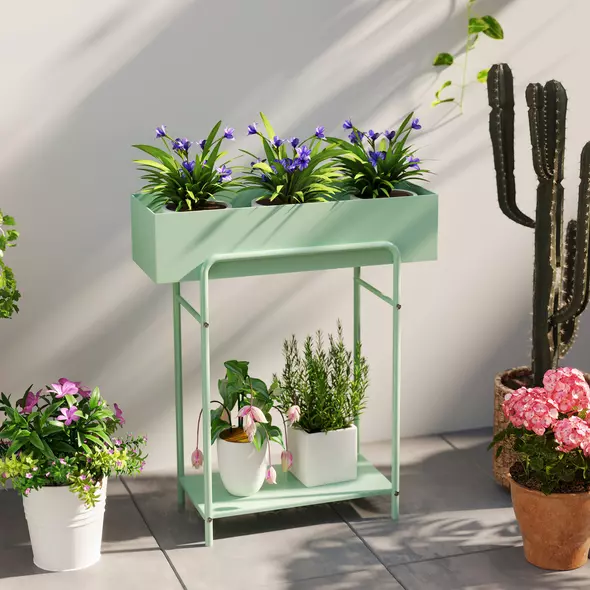 Outsunny 2 Tier Plant Stand, Metal Plant Rack Shelf with Drain Holes, Floor-standing Flower Pot Stand for Indoor Outdoor Garden Patio Balcony Living Room, Green - 8