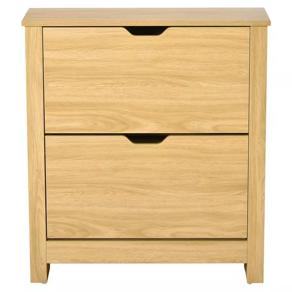 HOMCOM Narrow Shoe Cabinet, Space Saving Shoe Storage Cabinet with 2 Flip Drawers and Adjustable Shelves for 6-12 Pairs of Shoes for Hallways and Living Room, Natural Wood Finish - 1