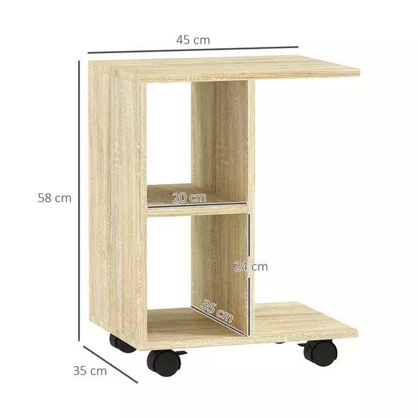 HOMCOM C-Shape End Table Unique Storage Unit w/ 2 Shelves 4 Wheels Freestanding Home Office Furniture Cabinet Square Studio Natural - 3