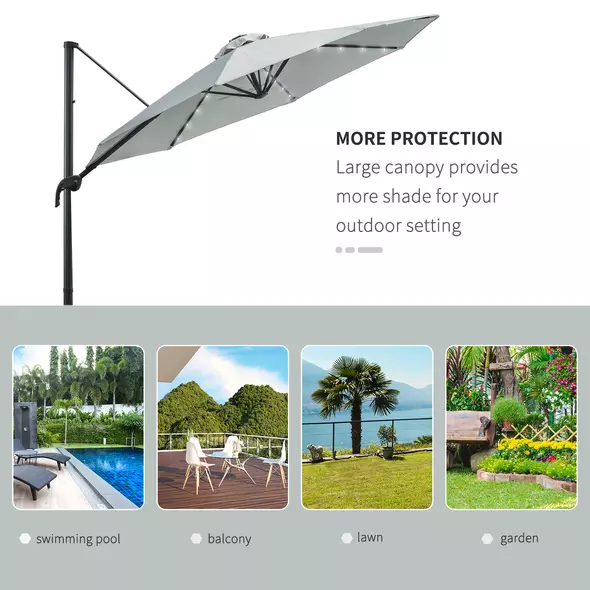 Outsunny 3(m) LED Cantilever Parasol Garden Sun Umbrella w/ Cross Base and Solar Lights Grey - 8