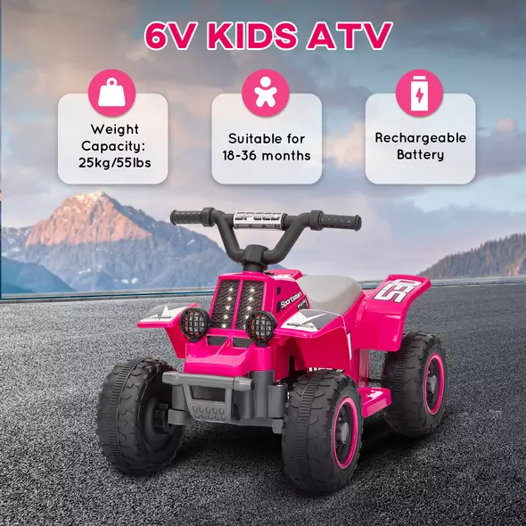 AIYAPLAY 6V Electric Quad Bike for Kids, Ride On ATV w/ Forward/Reverse, Headlights, for Ages 18-36 Months, Pink - 7