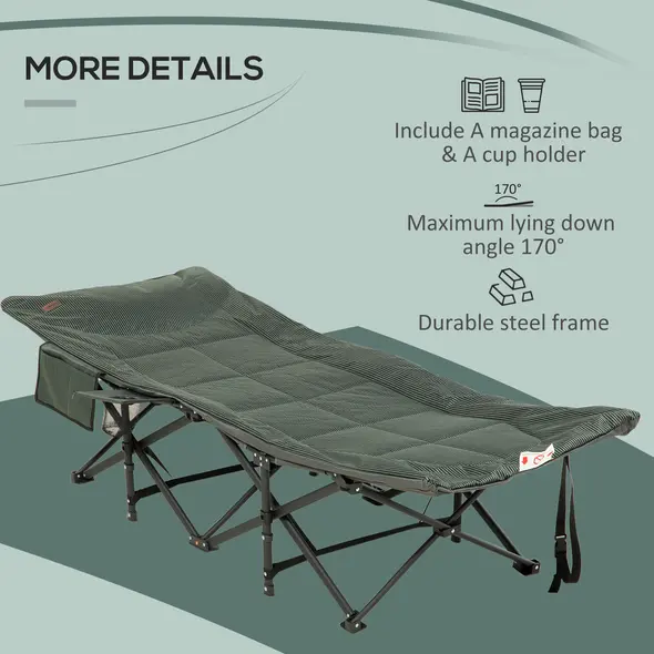 Outsunny Foldable Camp Bed, Padded Patio Camping Bed with Carry Bag, Magazine Bag and Cup Holder for Outdoor, Garden, Grey - 6