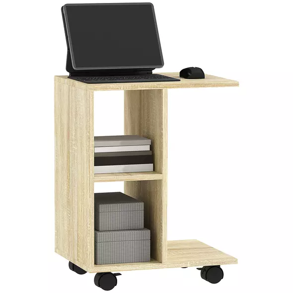 HOMCOM C-Shape End Table Unique Storage Unit w/ 2 Shelves 4 Wheels Freestanding Home Office Furniture Cabinet Square Studio Natural - 1