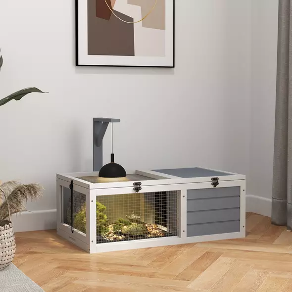 PawHut Wooden Tortoise Enclosure, Tortoise House w/ Lamp Holder, for Outdoor, Indoor, Light Grey - 2