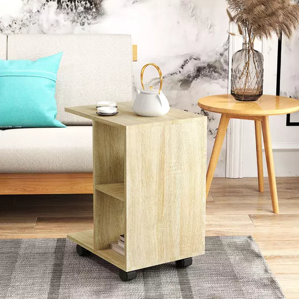 HOMCOM C-Shape End Table Unique Storage Unit w/ 2 Shelves 4 Wheels Freestanding Home Office Furniture Cabinet Square Studio Natural - 7