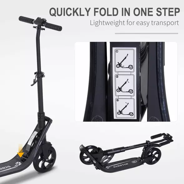 HOMCOM Folding Kick Scooter Hight-Adjustable Urban Scooter w/ Rear Brake, Double Shock Absorption System & 2 Big Wheels, For 14+ Teens Adult, Black - 6