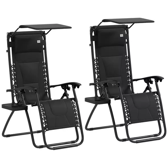 Outsunny Zero Gravity Lounger Chair Set of 2, Folding Reclining Patio Chair with Shade Cover, Padded Seat, Cup Holder, Soft Cushion and Headrest for Poolside, Camping, Black - 1