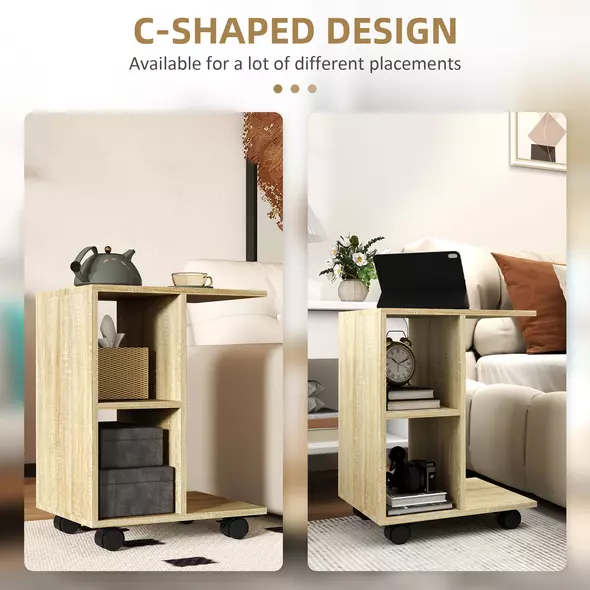 HOMCOM C-Shape End Table Unique Storage Unit w/ 2 Shelves 4 Wheels Freestanding Home Office Furniture Cabinet Square Studio Natural - 5