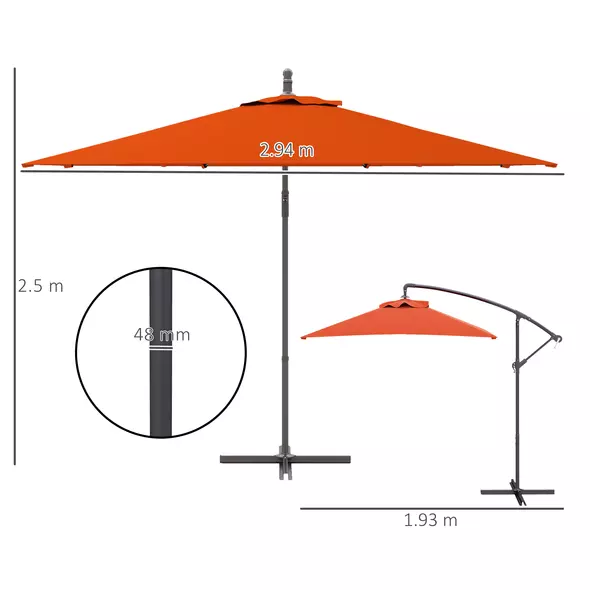 Outsunny 3(m) Cantilever Overhanging Parasol, with Cross Base - Orange - 3